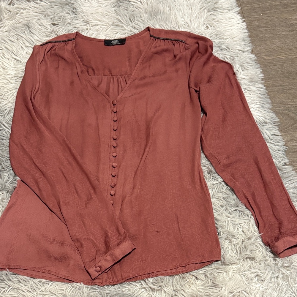 Womens Dusty Rose Long-Sleeve Button Front Blouse